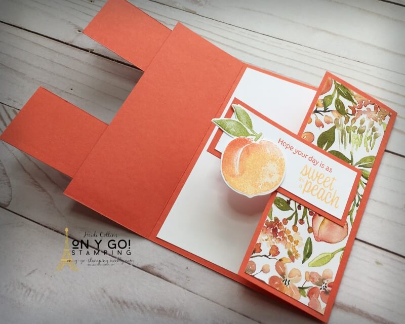 Inside a locking gate fold card using the You're a Peach patterned paper. This fun fold card is quick and easy to make!