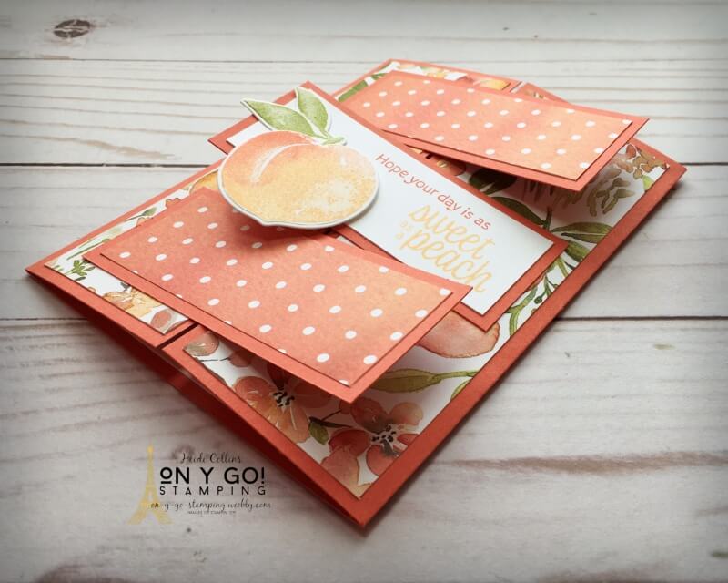Locking gate fold card idea with the You're a Peach patterned paper and Sweet as a Peach stamp set from Stampin' Up! This fun fold card is easy to make and fun to give. 
