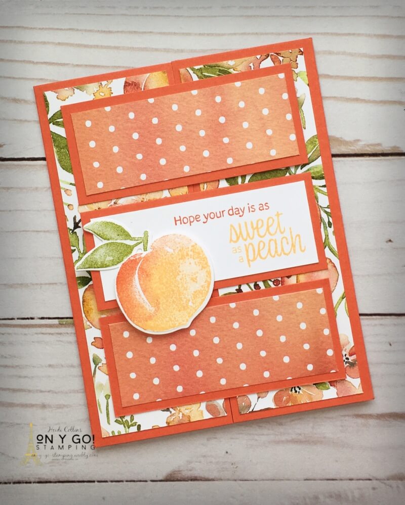 Handmade fun fold card idea with the You're a Peach patterned paper. This locking gate fold card is quick and easy to make! Plus, it uses the Sweet as a Peach stamp set.