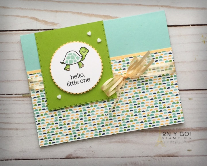 Welcome a new baby with this adorable handmade card. The sweet turtle is from the Turtle Friends stamp set from Stampin' Up! Gorgeous patterned paper makes this card easy to make.