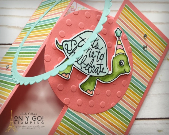 Time to shell-ebrate with an adorable locking gate-fold card. The cute little turtle on this fun fold card is from the Turtle Friends stamp set from Stampin' Up!