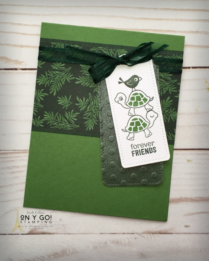 Two step-stamping makes this card easy to make since there is no coloring. This handmade card using the Turtle Friends stamp set is perfect to send to a friend to just say hello or send them a little pick me up. Tell a friend - Hey, I got your back!