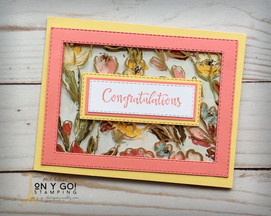 Handmade wedding card idea with a fun fold. This elegant wedding card is easy to make with the gorgeous Fine Art Floral patterned paper from Stampin' Up!