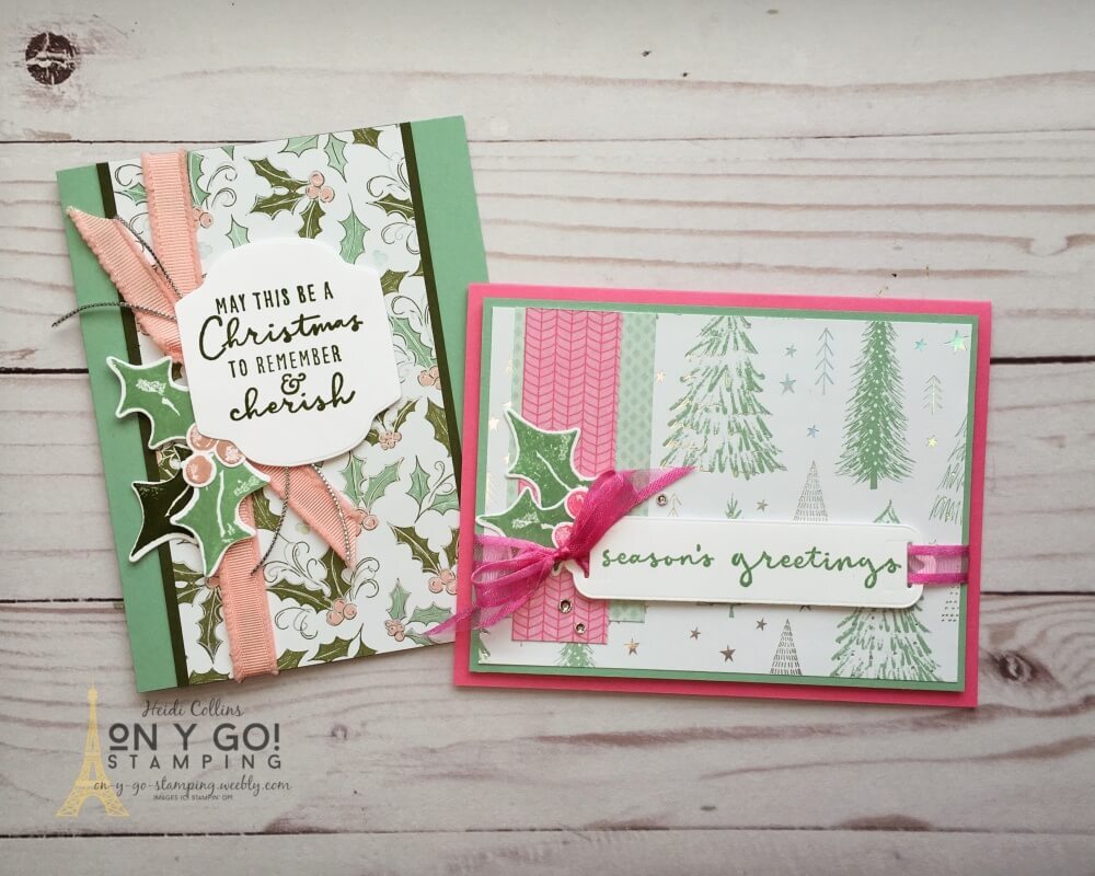 Make fun Christmas cards in green and pink with the Whimsy and Wonder patterned paper. I love non-traditional Christmas colors! The Christmas Season and Christmas to Remember stamp sets are the perfect accents to this beautiful patterned paper.