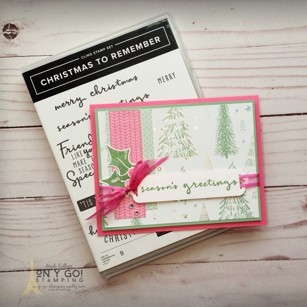 Make a fun pink and green Christmas card with the Whimsy and Wonder patterned paper and the Christmas to Remember and Christmas Season stamp sets. This gorgeous patterned paper has iridescent accents and fun designs.