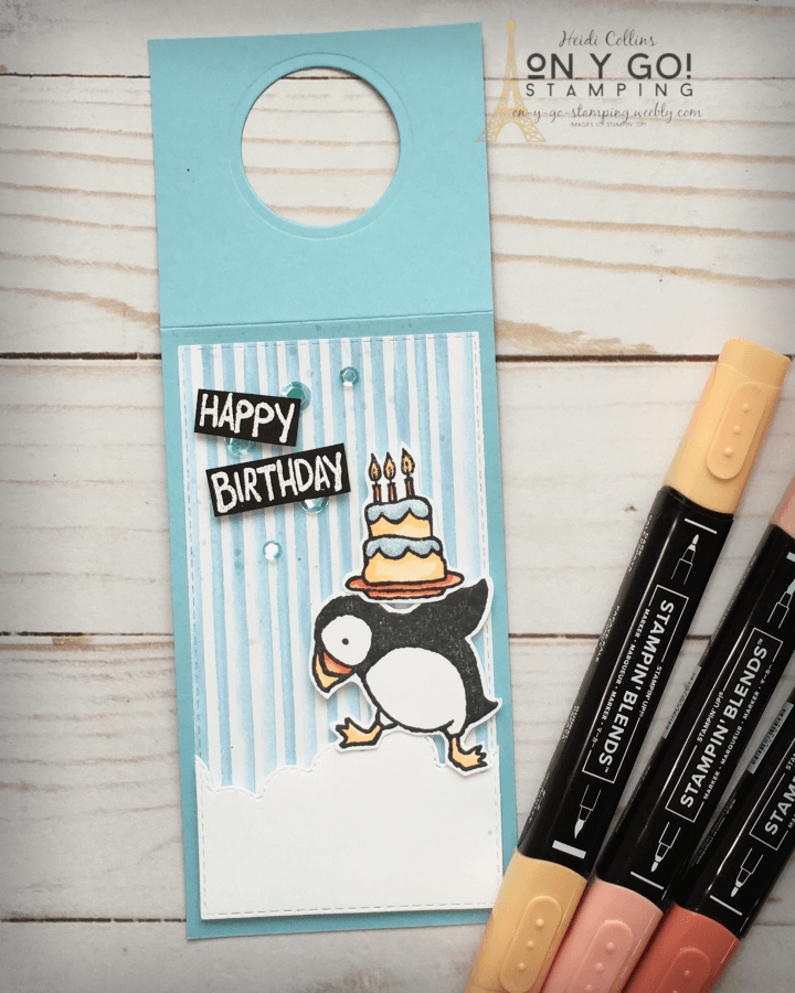 Bottle tags turn a boring bottle of wine into a fabulous and easy birthday gift! This handmade wine bottle tag uses the Party Puffins stamp set from Stampin' Up!