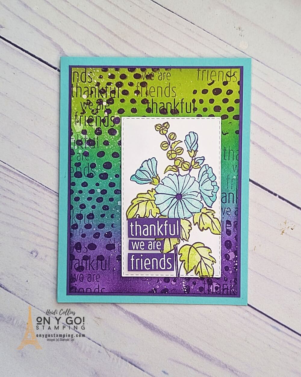 Bright and graphic handmade card with the Framed Occasions and Beautifully Happy stamp sets from Stampin' Up!® Get the floral stamps for free during Sale-A-bration 2023.