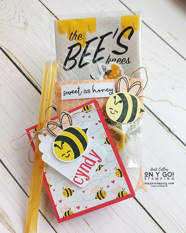 Cute handmade gifts from the Bee Mine Mystery Craft Box. These little gifts are wrapped with decorations made with the Bee My Valentine stamp set from Stampin' Up!®️
