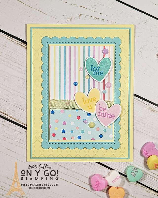 DIY Valentine's Day card. This fun card recreates the look of Conversation Hearts candy with the Bee My Valentine stamp set and Lighter Than Air patterned paper from Stampin' Up!®️