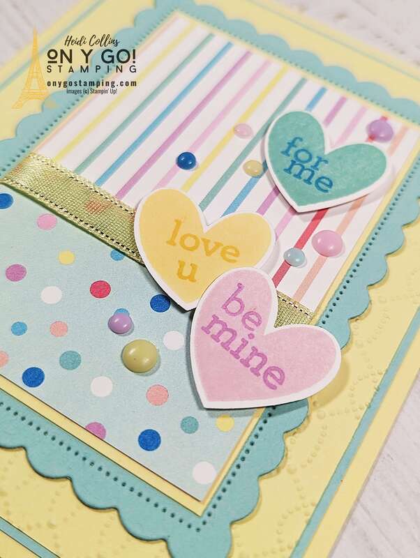 Handmade Valentine's Day card made with the Bee My Valentine stamp set and paper punch. Recreate the look of Conversation Hearts candy with these sweet rubber stamped hearts.