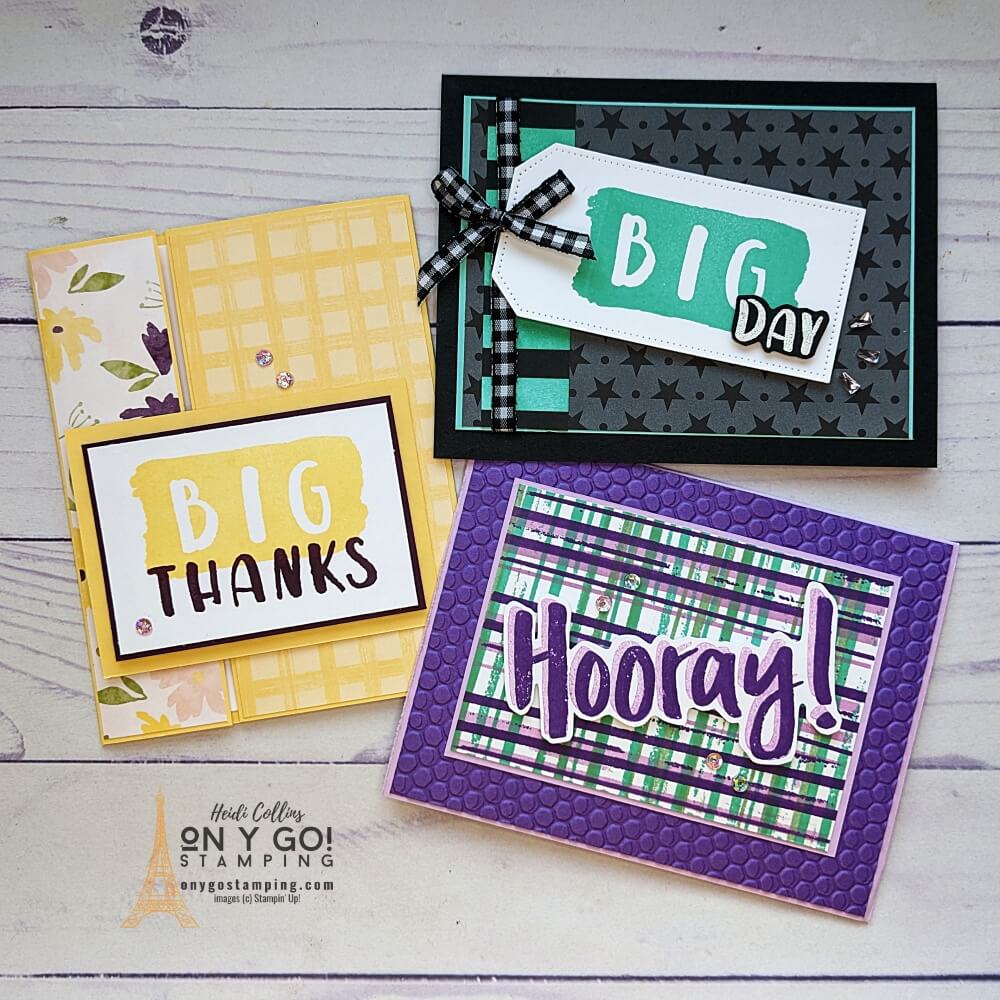 See three different cards with the Big Hooray stamp set from Stampin' Up!® and see how to make it in the video card making tutorial.