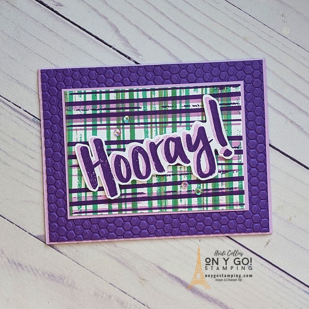 See how to use rubber bands for this fun rubber stamping technique. This sample card idea is made with the Big Hooray stamp set from Stampin' Up!®