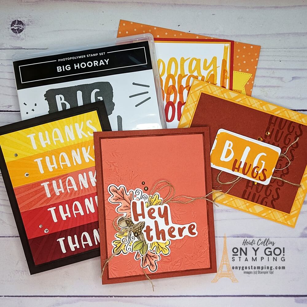 The big sentiments in the Big Hooray stamp set from Stampin' Up!® are perfect for making quick and easy cards. 