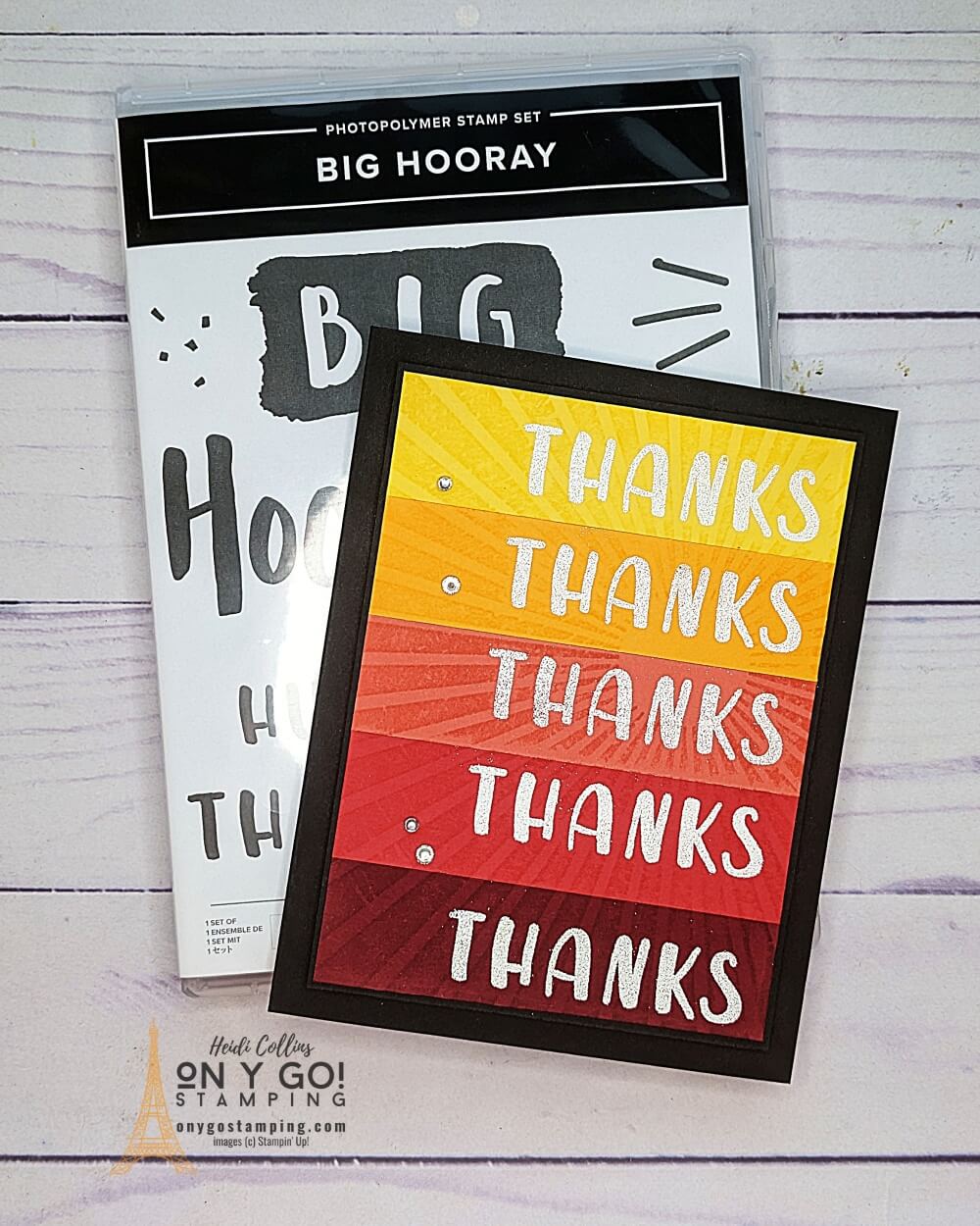 Create an easy thank you card with the Big Hooray stamp set and Stamparatus from Stampin' Up! See the video tutorial on how to create these card.