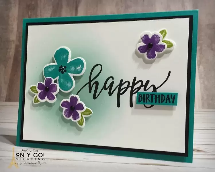 Birthday card idea using blending brushes to create a puff of ink. Images from the new Pretty Perennials stamp set from Stampin' Up!