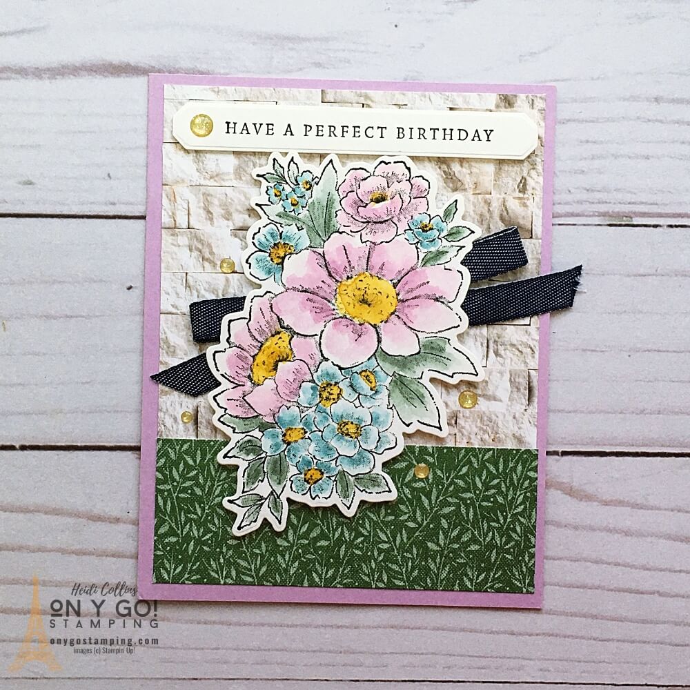 Floral birthday card idea. Create this handmade card with the Heart & Home Suite from Stampin' Up! Sample card idea made by Anne Mortenson.