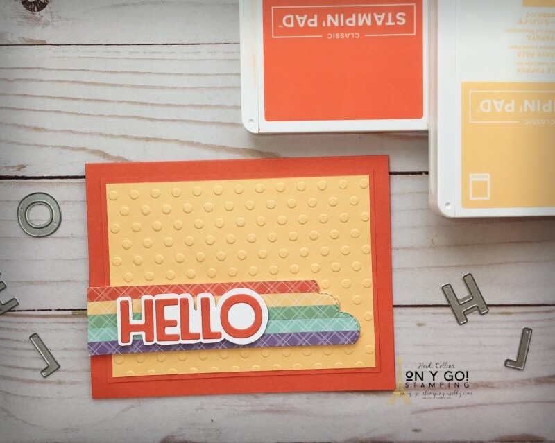Handmade hello card for summer. The hazy colors of this rainbow are like the hazy shades of summer. This fun summer card is easy to make with the Playful Alphabet and Basic Borders dies from Stampin' Up!