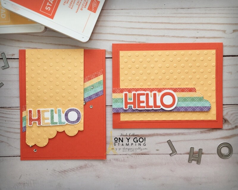 Handmade cards just to say hello. These cheery cards have a rainbow of soft colors. The Playful Alphabet and Basic Borders dies make easy to make with no ink!