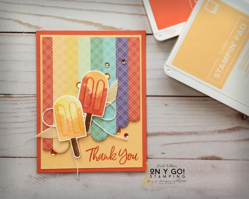 Nothing says summer like dripping popsicles! This fun summer thank you card has a pair of them from the Sweet Ice Cream stamp set from Stampin' Up! Plus, dreamy colors that remind me of the 70s. Be sure to see more of these 70s inspired cards.