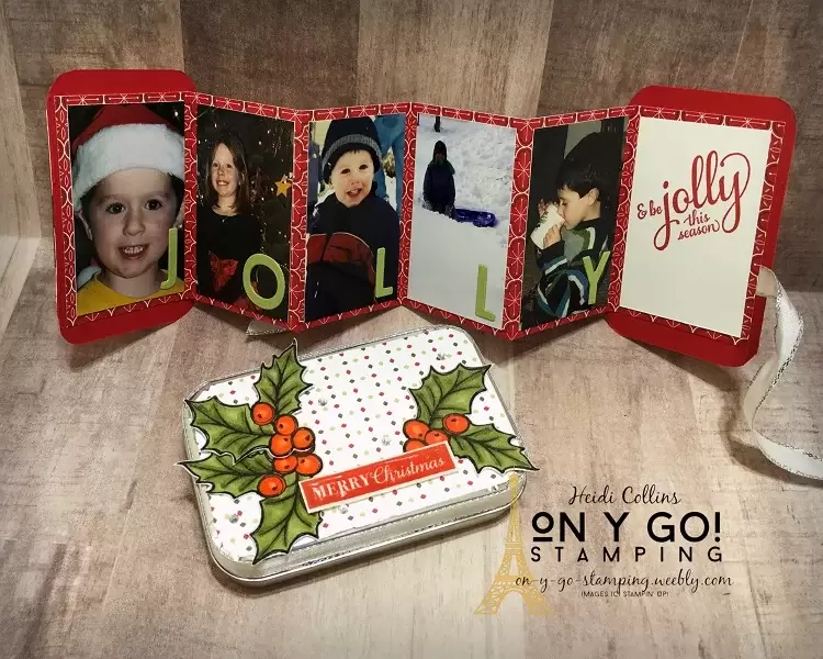 Decorated tin box that is perfectly sized to be a gift card holder and a fold-out photo Christmas card that fits inside.
