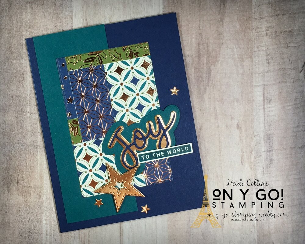 Christmas card idea using paper scraps from the Brightly Gleaming patterned paper from Stampin' Up! and the Joy and Peace stamp set and the Joy, Stitched Stars, and Stitched Rectangle dies from Stampin' Up!