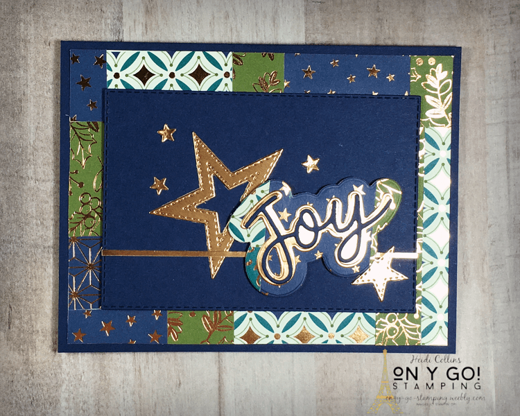Holiday card making idea using scraps of the Brightly Gleaming patterned paper, Joy and Piece stamp set, and Joy, Stitched Stars, and Stitched Rectangle dies from Stampin' Up!