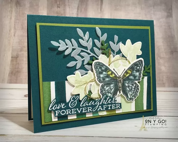 Spring card design with the Butterfly Brilliance and Forever Fern stamp sets in Pretty Peacock and greens.