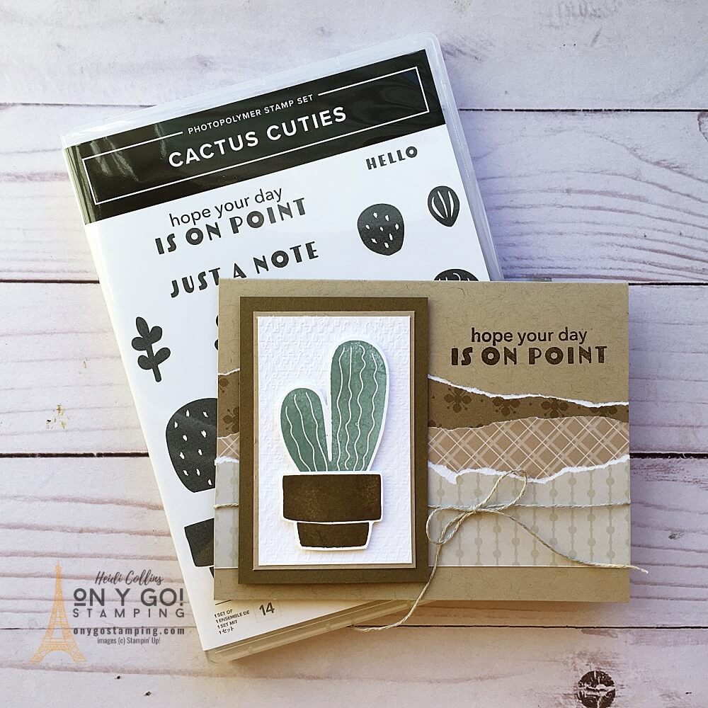 A handmade card with lots of texture and the Cactus Cuties stamp set from Stampin' Up! This handmade card uses torn patterned paper to create a mountainous desert scene.