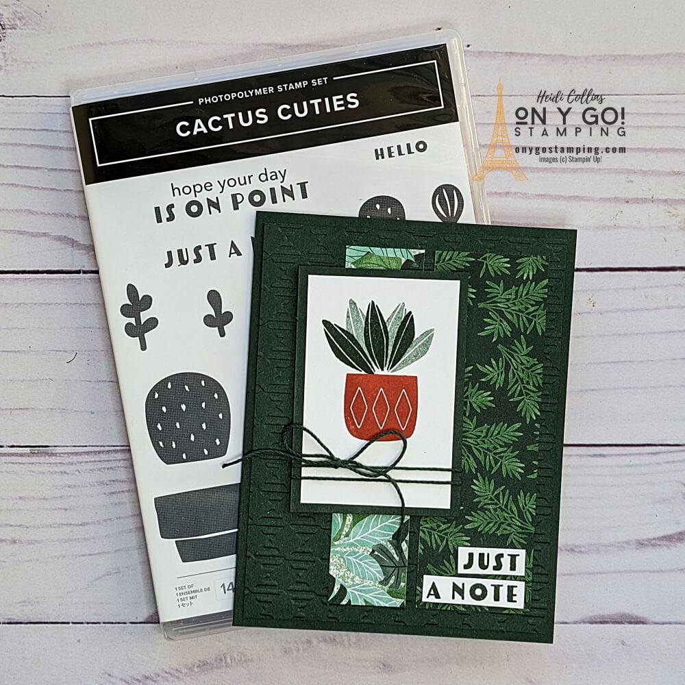 Easy to make handmade card using the Cactus Cuties stamp set from Stampin' Up! and patterned paper. This easy card is based on a simple card sketch.