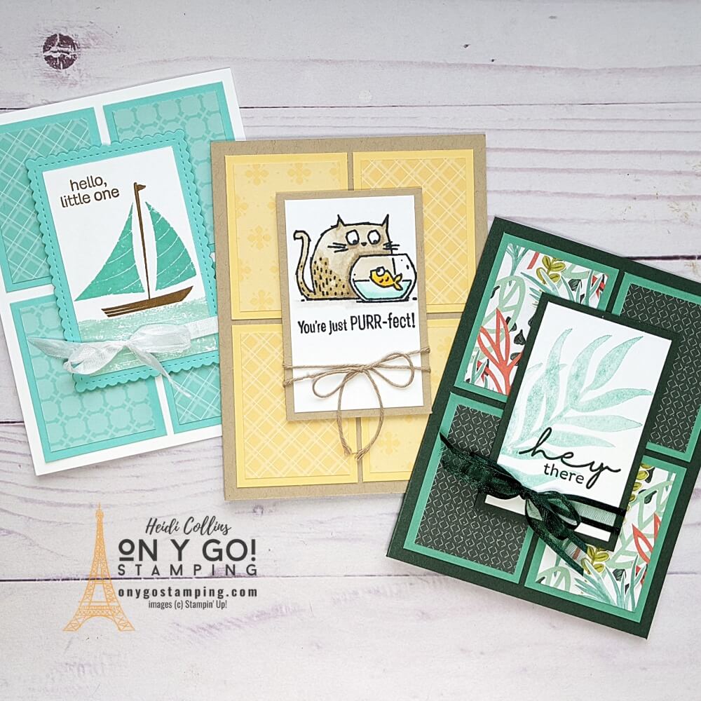 Quick and easy cards from a card sketch using stamps, ink, paper, and a little ribbon. These cards use the Let's Set Sail, Catch You Later, and Artfully Layered stamp sets from Stampin' Up!