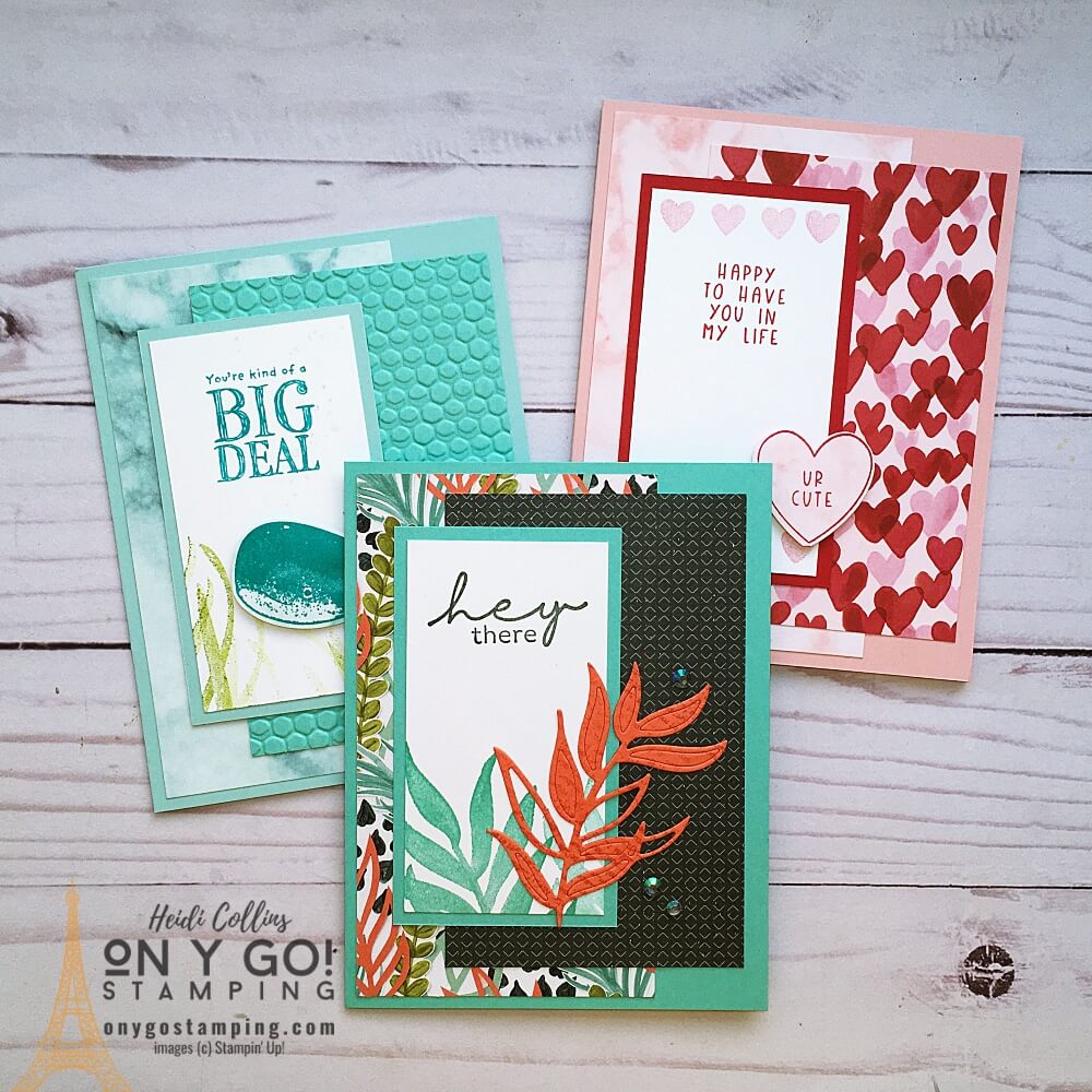 3 handmade card samples created from a simple card sketch. See the card sketch, cutting dimensions, and supply lists.