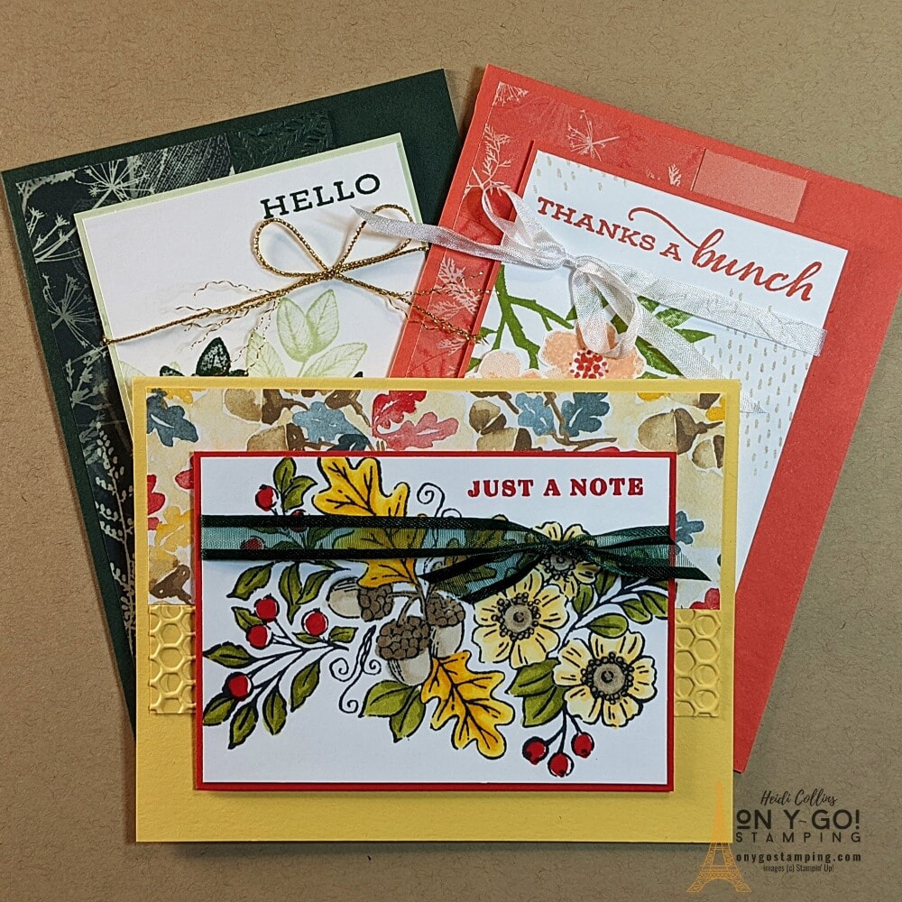 Card sketches are perfect for creating quick and easy handmade cards with patterned paper. See three card samples using this simple card sketch and get the free quick-reference guide to remember this sketch later. 