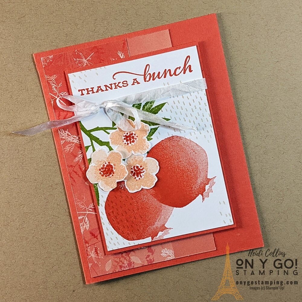 Thank you card using the Perfect Pomegranate Sale-A-Bration 2022 stamp set from Stampin' Up! This quick and easy card is based on a simple card sketch. Grab the free downloadable quick reference guide for this card sketch.