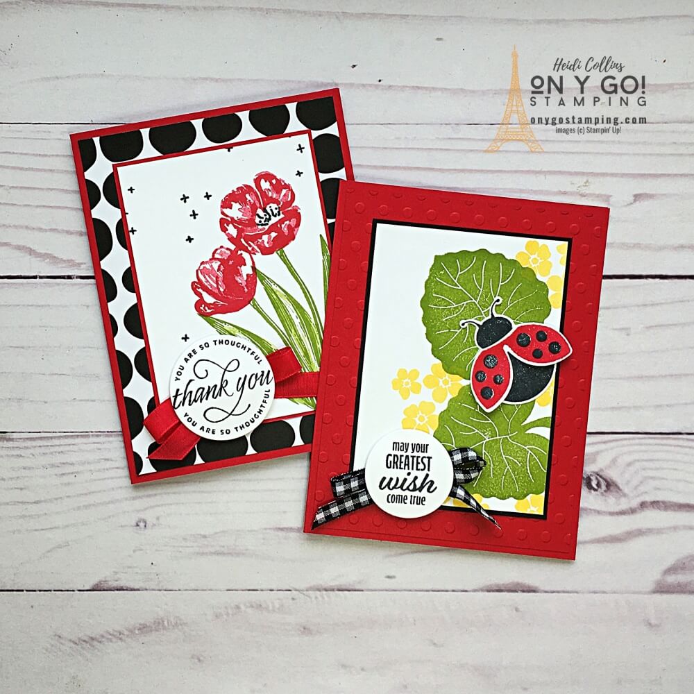 Handmade card ideas based on a simple card sketch. Sample card designs using the Hello Ladybug and Flowering Tulips stamp sets from Stampin' Up!® Check out the website for cutting dimensions and supply lists.