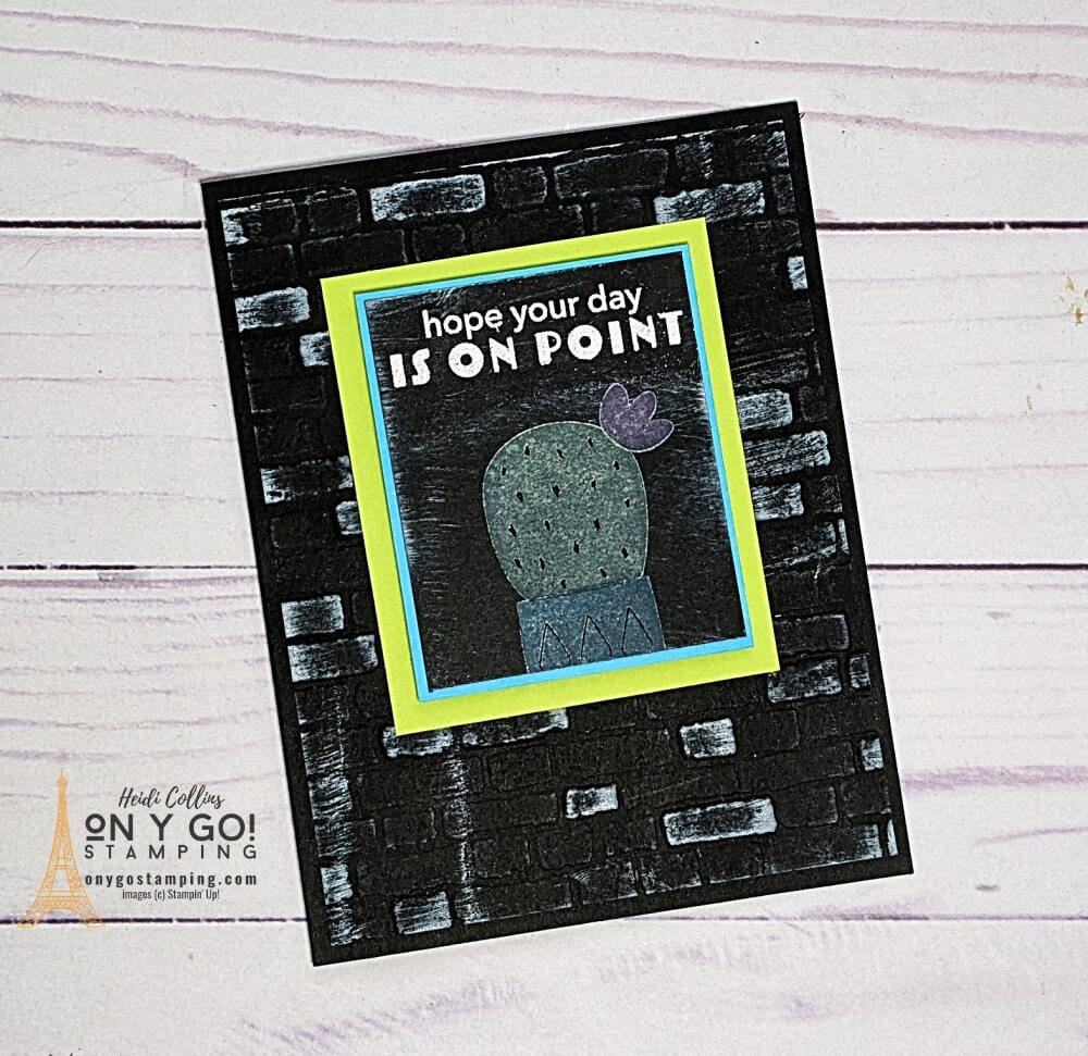 Use the Cactus Cuties stamp set from Stampin' Up! to create a fun card using the chalkboard technique. Get the free quick-reference guide, supply list, and video tutorial on my website!