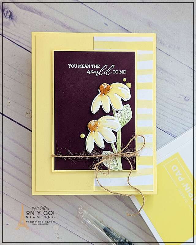 Create a cheerful card with a special touch when you combine the Stampin' Up! Cheerful Daisies stamp set, Bright and Beautiful designer series paper, and watercolor techniques! Hand-colored daisies, graceful greenery, and fun accents make this card a perfect way to show someone you care.
