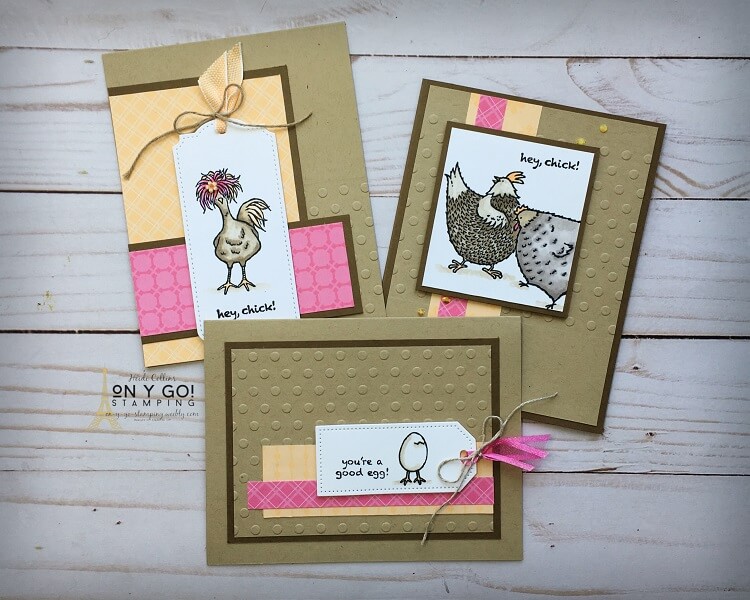 Three all occasion cards with whimsical chickens. These fun chicken cards are the perfect handmade card idea to send to a friend or anyone for a little pick up or just to say hello. Chickens are from the Hey Chick stamp set available from Stampin' Up! until the end of June.