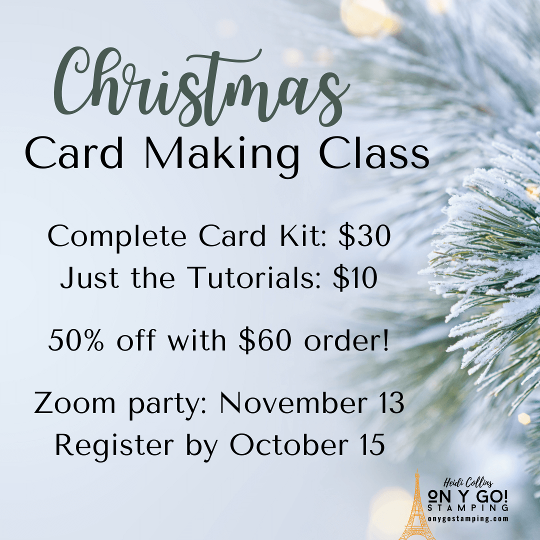 Christmas cardmaking class with On Y Go! Stamping. Register for the class an order either the full card kit or the tutorials only. You'll get two exclusive card designs and all the supplies to make 10 cards of each in the card kit. Plus, written tutorials, video tutorials, and a fun Zoom party!