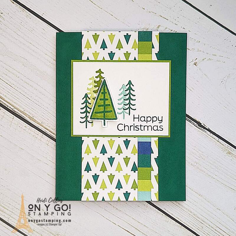 Easy 5-Minute handmade Christmas card with the Merry Bold and Bright patterned paper and the stamp set from the Christmas Everywhere all-inclusive card kit. This card kit creates 9 easy cards, but you can use the stamp set with other supplies to create even more easy handmade cards!