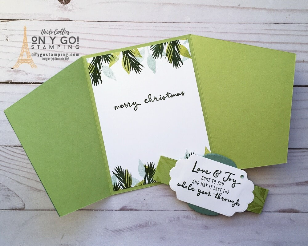 Inside of a fun fold Christmas card idea. This angled gatefold card is quite easy to make and fun to give!
