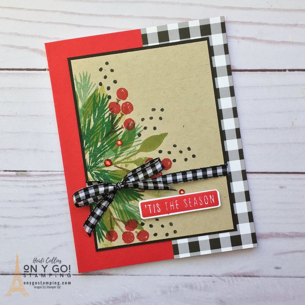 Country Christmas Card design that is easy to make with the Christmas Season stamp set from Stampin' Up! I love this simple design with black and white checks and bits of red and tan!