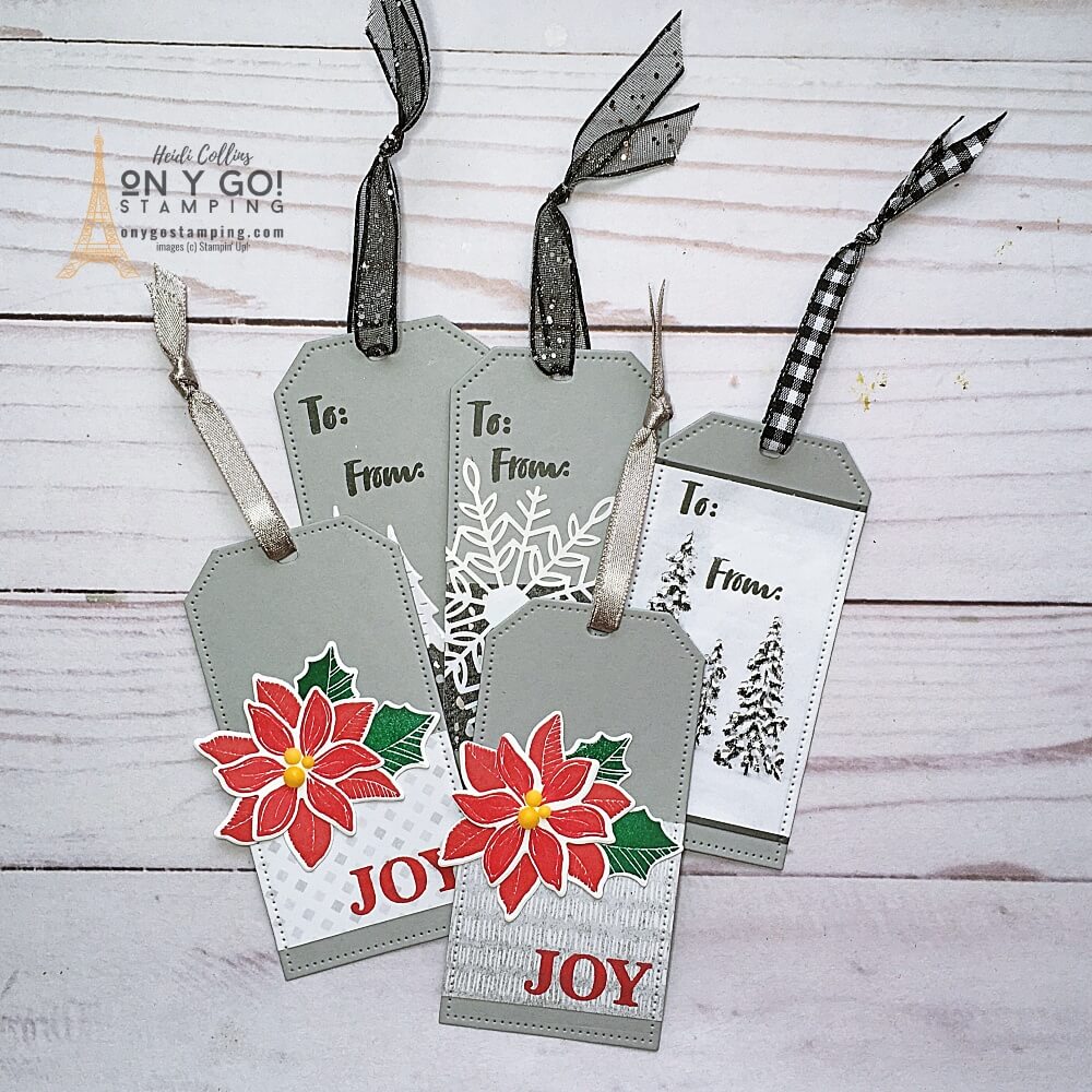 Handmade Christmas gift tags with the Peaceful Place patterned paper and Merriest Moments stamp set from Stampin' Up!
