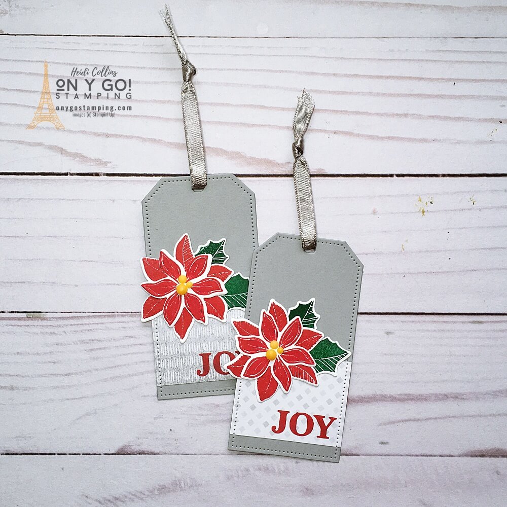DIY gift tags with the Peaceful Place patterned paper and Merriest Moments stamp set.