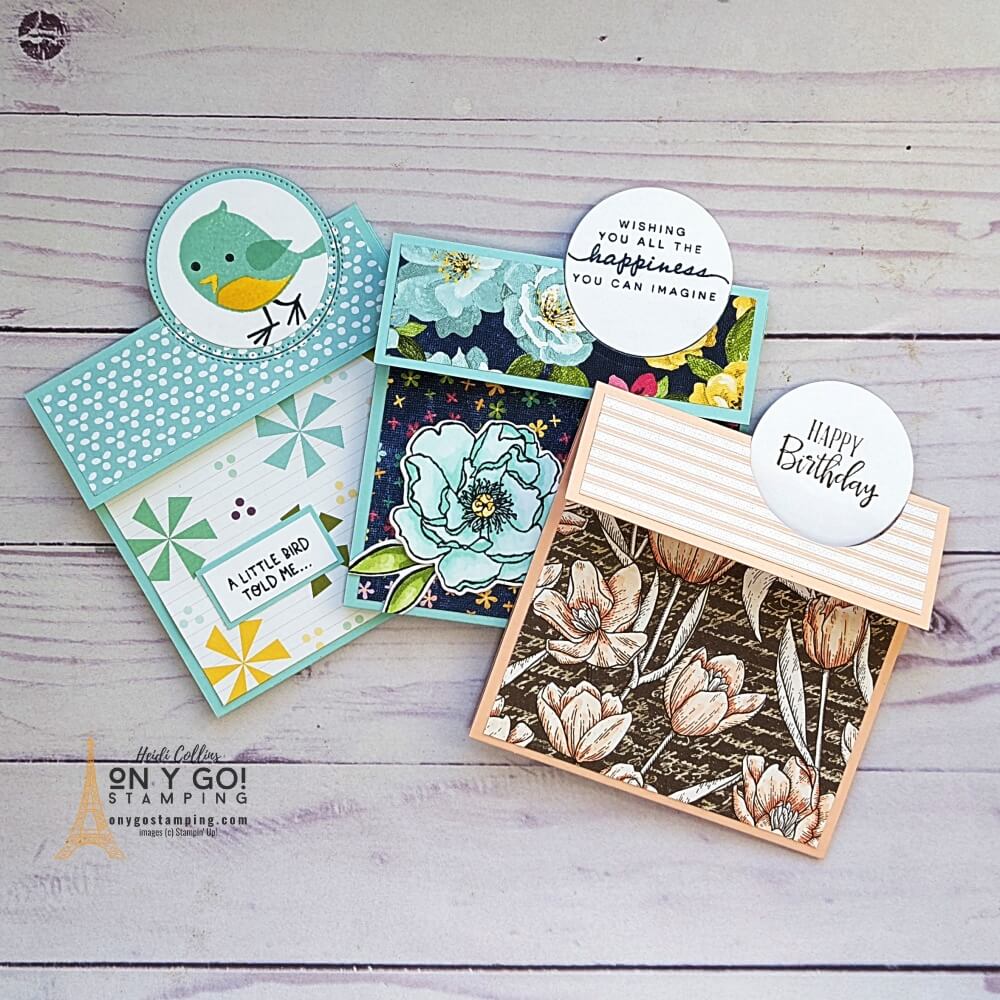See how to create this easy fun fold card and gift card holder in my video tutorial. Also, download a free quick-reference guide for this fun fold card idea. Sample cards use the Sweet Songbirds, Peaceful Moments, and Happiness Abounds stamp sets and the Design a Daydream, Abigail Rose, and Hues of Happiness patterned paper from Stampin' Up!