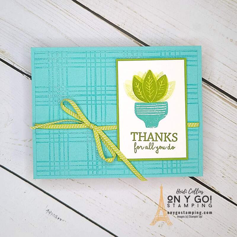 Rubber Stamping Technique: Clear on Clear embossing. Use this simple technique to create a beautiful background for your next handmade card like this one using the Planted Paradise and Sketched Plaid stamps from Stampin' Up!®️ See the video tutorial.