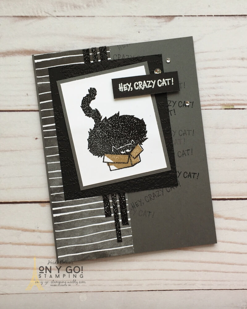 Handmade card idea with the NEW Clever Cats stamp set from Stampin' Up! This fun card pulls out all the stops - heat embossing, dry embossing, glitter paper, bling, and more!