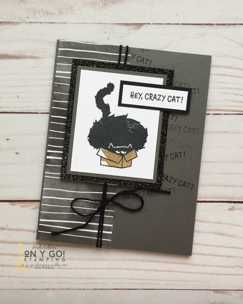 Easy to make card idea with the NEW Clever Cats stamp set from Stampin' Up! This card has fun black glitter paper. It also features the Beautifully Penned patterned paper that you can get for FREE during Sale-A-Bration.