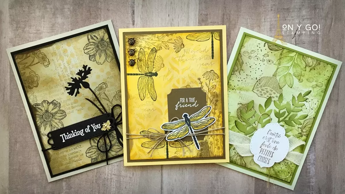 Collage card making technique: layer stamped images with stenciling and ink blending to create beautiful backgrounds. Includes card samples made with the Quiet Meadow, Forever Fern, Enjoy the Moment, and Dragonfly Garden stamp sets from Stampin' Up!
