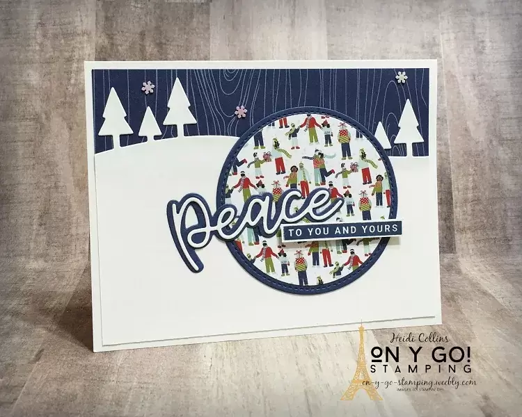 Holiday card idea using the Trimming the Town patterned paper, Home Together dies, and the Peace and Joy stamps and dies from Stampin' Up!