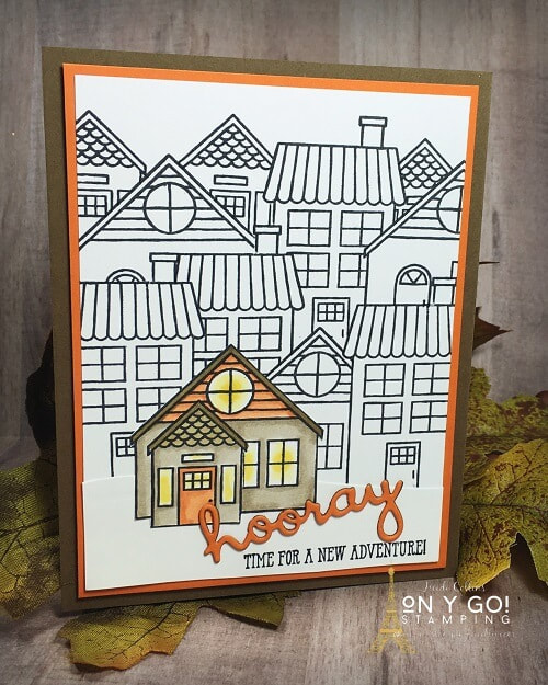 Cardmaking Technique: Masking. Use masking to create a cluster of houses using the Coming Home stamp set from Stampin' Up! Also, get tips for using the Stampin' Blends alcohol markers. 